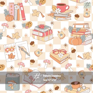 Cozy Bookish Seamless Pattern | 12x12" Fabric Design | Autumn Trendy Bookish Repeat | Fall Reading for Book Lover Projects Digital Paper