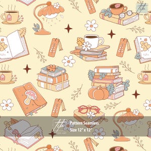 Cozy Bookish Seamless Pattern | 12x12" Fabric Design | Autumn Trendy Bookish Repeat | Fall Reading for Book Lover Projects Digital Paper