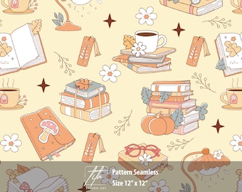 Bücherwurm Herbst Muster | Gemütlicher Herbst Stoff (Digitales Papier)