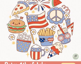 Retro 4th of July Clipart, American Patriotic PNG (Digital Download)