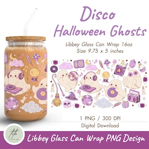 Disco Halloween Ghosts Libbey Glass Can Wrap | Cute Ghost PNG for 16oz Cup | Kawaii Halloween Glass Wrap Sublimation PNG Digital Download