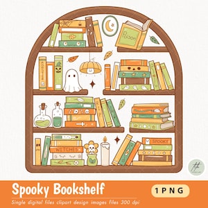 May include: A digital illustration of a spooky bookshelf filled with books, a ghost, and Halloween-themed decorations. The books are in various colors, with titles like "Monster" and "Poison". A pumpkin-shaped light hangs from the top. The text "Spooky Bookshelf" is at the bottom.