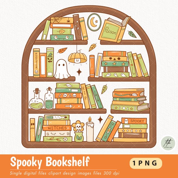 Halloween Bookish Clipart | Spooky Bookshelf PNG (Digital Download)