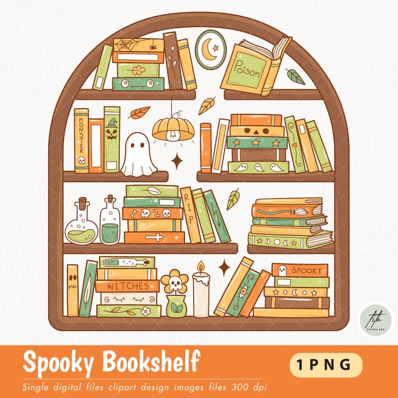 May include: A digital illustration of a spooky bookshelf filled with books, a ghost, and Halloween-themed decorations. The books are in various colors, with titles like "Monster" and "Poison". A pumpkin-shaped light hangs from the top. The text "Spooky Bookshelf" is at the bottom.