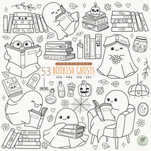 May include: Black and white line art illustration featuring 53 bookish ghosts, books, pumpkins, and other fall-themed elements. The text "COZY FALL" and "53 BOOKISH GHOSTS" are included. The image is in SVG, PNG, JPG, and EPS formats.