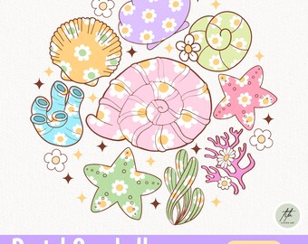 Groovy Pastel Seashell Clipart, Retro Summer PNG (Digital Download)