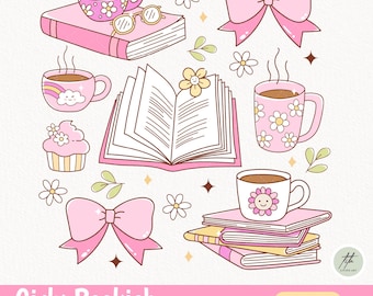 Pink Bookish Clipart, Bow, Coffee, Retro PNG (Digital Download)