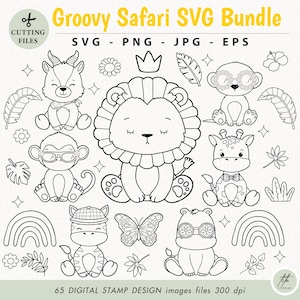 Groovy Safari animal outline SVG, Wild animal SVG bundle, Zoo Animal, Elephant Giraffe Zebra Lion Rhino Hippo Monkey Cheetah Gazelle Meerkat