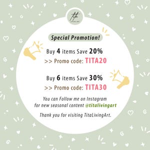 May include: A promotional graphic with a light green background and white accents. The text reads "Special Promotion!" with details on saving 20% or 30% with promo codes TITA20 and TITA30. The graphic also includes the Instagram handle @titalivingart.