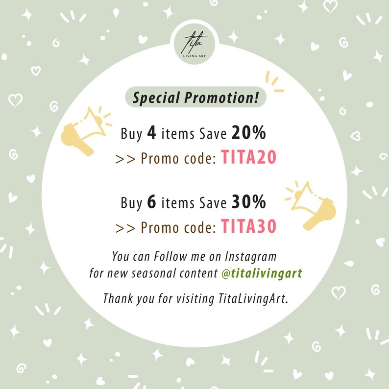May include: A promotional graphic with a light green background and white accents. The text reads "Special Promotion!" with details on saving 20% or 30% with promo codes TITA20 and TITA30. The graphic also includes the Instagram handle @titalivingart.