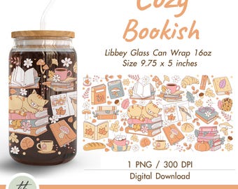 Bookish Libbey Glass Can Wrap PNG | Fall Reading, Cozy Cat (Digital Download)