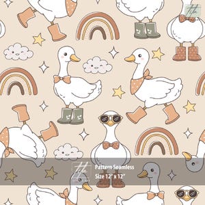 Silly Goose Seamless Pattern, Boho Silly Goose Seamless Pattern, Spring Goose Brown Fabric, Cute Duck Repeating Pattern Spring Digital Paper