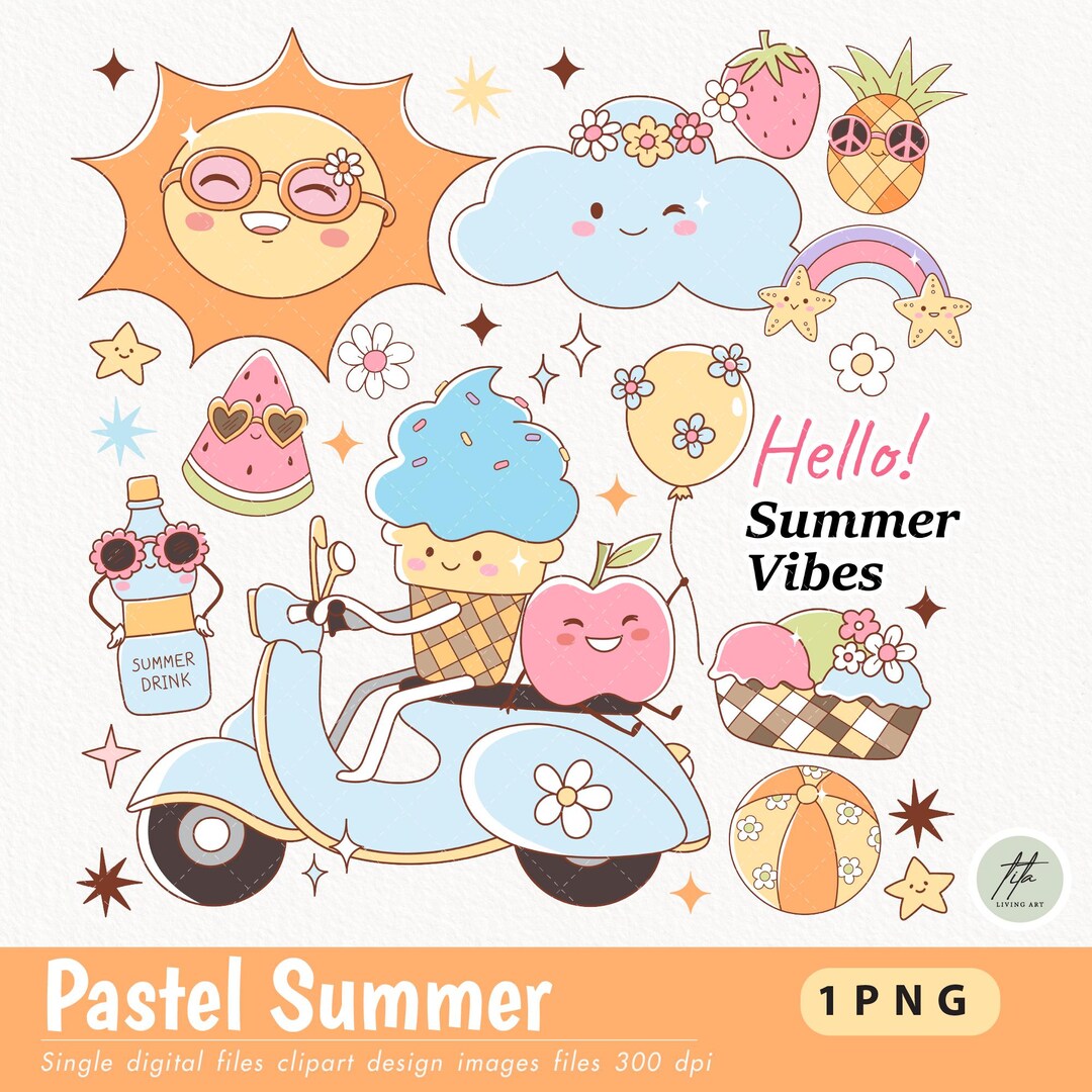 Pastel Summer Clipart PNG, Retro Groovy Vacation (digital Download) - Etsy