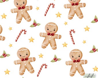 Watercolor Christmas Seamless Pattern, Gingerbread, Candy Cane (Digital Download)