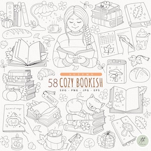 Cozy Bookish Outline SVG, Autumn Trendy Bookish SVG Bundle, Fall Reading png, Book Lover Digital Stamp, Cozy Girl Line Art for Coloring Page