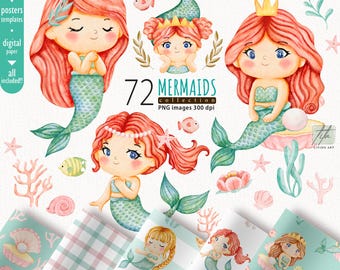 Watercolor Mermaid Clipart, Under The Sea Graphics (Digital Download)