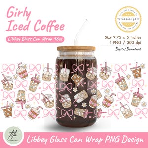 ガーリーなアイスコーヒー16オンス Libbey ガラス缶ラップ PNG、コケット アイスコーヒー グラスラップ、アイスコーヒーカップ ラバーラップ、コケット ボウラップ PNG
