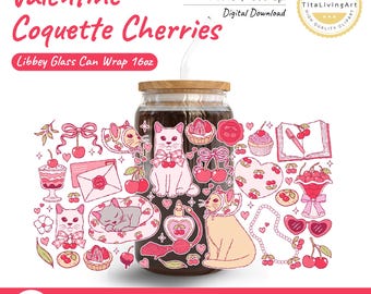 Peut inclure: Un design numérique pour un emballage de canette en verre Libbey, avec le texte "Valentine Coquette Cherries". Le design comprend des illustrations de chats, de cerises, de desserts et de coeurs. La taille est de 24,77 x 12,7 cm.