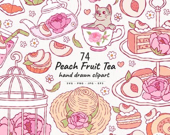 May include: A collection of hand-drawn clipart illustrations featuring peach fruit tea elements. Includes a teapot, teacup with a cat, cake, peaches, a hat, and floral accents. The text reads "74 Peach Fruit Tea hand drawn clipart".