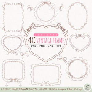 Coquette Frame Clipart, Hand-drawn Frame SVG, Ribbon Bow Frame PNG, Doodle Vintage Frame Clipart, Decorative Bow Frame Outline Digital Stamp