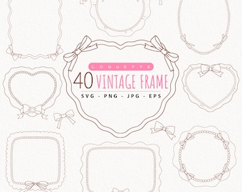 Coquette Frame Clipart, Hand-drawn Ribbon Bow, Vintage Outline (SVG, PNG)