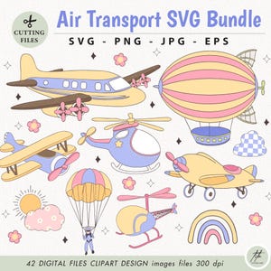 Pastel Air Transport SVG, Air Transport SVG Bundle, Airplane Clipart, Helicopter hot air balloon zeppelin airplane parachute png svg