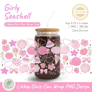Girly Seashell 16oz Libbey Glass Can Wrap PNG, Sweet Seashell Girly Pink Glass Wrap, Iced Coffee Cup Wrap, Coquette Seashell Coffee Wrap PNG