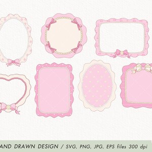 May include: Set of ten hand-drawn pink and white frames with pearl and bow accents. The frames are in various shapes, including circles, ovals, hearts, and squares.