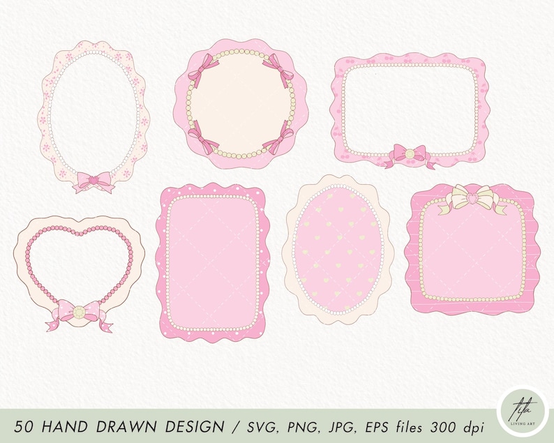 May include: Set of ten hand-drawn pink and white frames with pearl and bow accents. The frames are in various shapes, including circles, ovals, hearts, and squares.