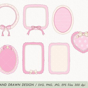 May include: Set of 6 pink and white frames with scalloped edges and pearl accents. The frames are decorated with bows and floral patterns. The frames are perfect for adding a touch of whimsy to any project.