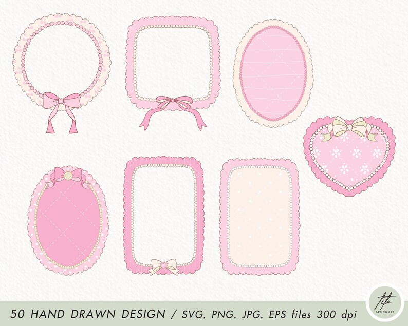 May include: Set of 6 pink and white frames with scalloped edges and pearl accents. The frames are decorated with bows and floral patterns. The frames are perfect for adding a touch of whimsy to any project.