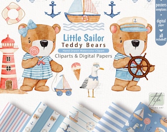 Watercolor Sailor Bear Clipart, Nautical Nursery (Digital Download)
