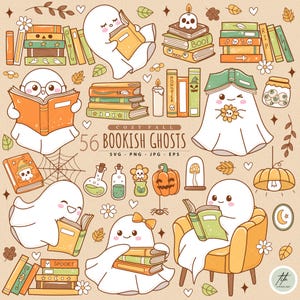 Puede incluir: Ilustración digital de fantasmas de dibujos animados leyendo libros, con elementos temáticos de otoño. La imagen incluye pilas de libros, calabazas y otros elementos temáticos de otoño. El texto dice "Cozy Fall 56 Bookish Ghosts".