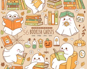 Clipart de fantasmas de libros: paquete SVG de Halloween, garabatos kawaii espeluznantes (descarga digital)