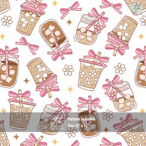 May include: Seamless pattern featuring iced coffee drinks in various containers, adorned with pink bows and floral accents. The design includes daisies and starbursts on a white background. The pattern size is 12 x 12 inches.