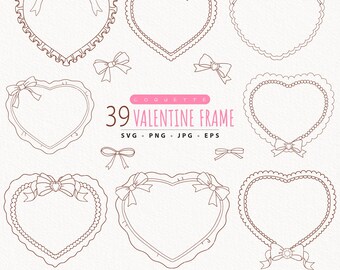 Coquette Valentine Frame Clipart, Hand-Drawn Ribbon Bow, Heart Outline (Digital Stamp PNG SVG)