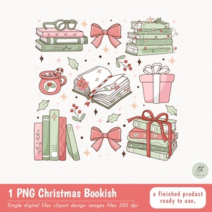 May include: A collection of Christmas-themed illustrations featuring books, bows, a mug, and a gift box. The books are in shades of green and pink, some with glasses and holly. The text at the bottom reads "1 PNG Christmas Bookish".