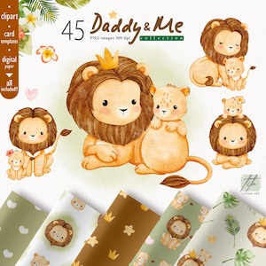 Clipart aquarelle père lion, famille Lions, bébé lion clipart, fête des pères Lion, carte de fête des pères papa Lion, anniversaire, carte de baby shower