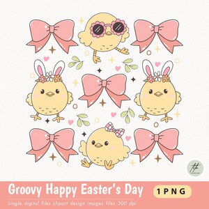 May include: A set of nine digital clipart images featuring cute cartoon chicks with pink bows, flowers, and bunny ears. The chicks are yellow with black eyes and beaks. The images are perfect for Easter crafts and projects.