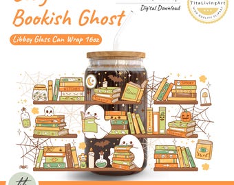 Bookish Ghost Libbey Can Wrap PNG | Halloween Bookshelf Doodle (Digital Download)
