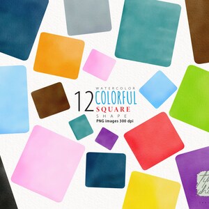 May include: Twelve watercolor squares in various colors, including blue, green, red, yellow, purple, pink, orange, brown, and black. The squares are arranged in a random pattern on a white background. The text "WATERCOLOR COLORFUL SQUARE SHAPE PNG images 300 dpi" is written in black text on a white background.