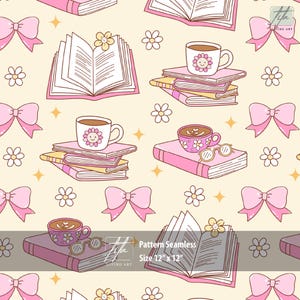 Girly Bookish Seamless Pattern, Sweet Bookish Girly Pink Seamless Pattern, Cute Pink Book Bow Fabric, Coquette Bookish Trendy Repeat Pattern