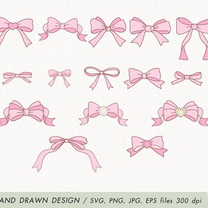 May include: A set of 50 hand-drawn pink bow designs in various styles. The bows are perfect for adding a touch of elegance to any project.