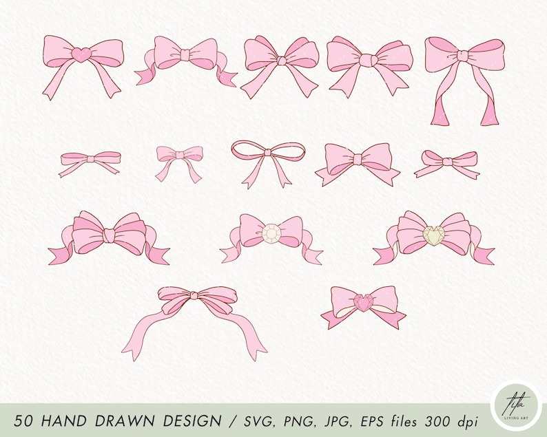 May include: A set of 50 hand-drawn pink bow designs in various styles. The bows are perfect for adding a touch of elegance to any project.