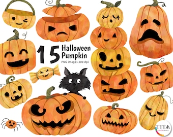 Watercolor Halloween Pumpkin Clipart, Jack O Lantern PNG (300 dpi)