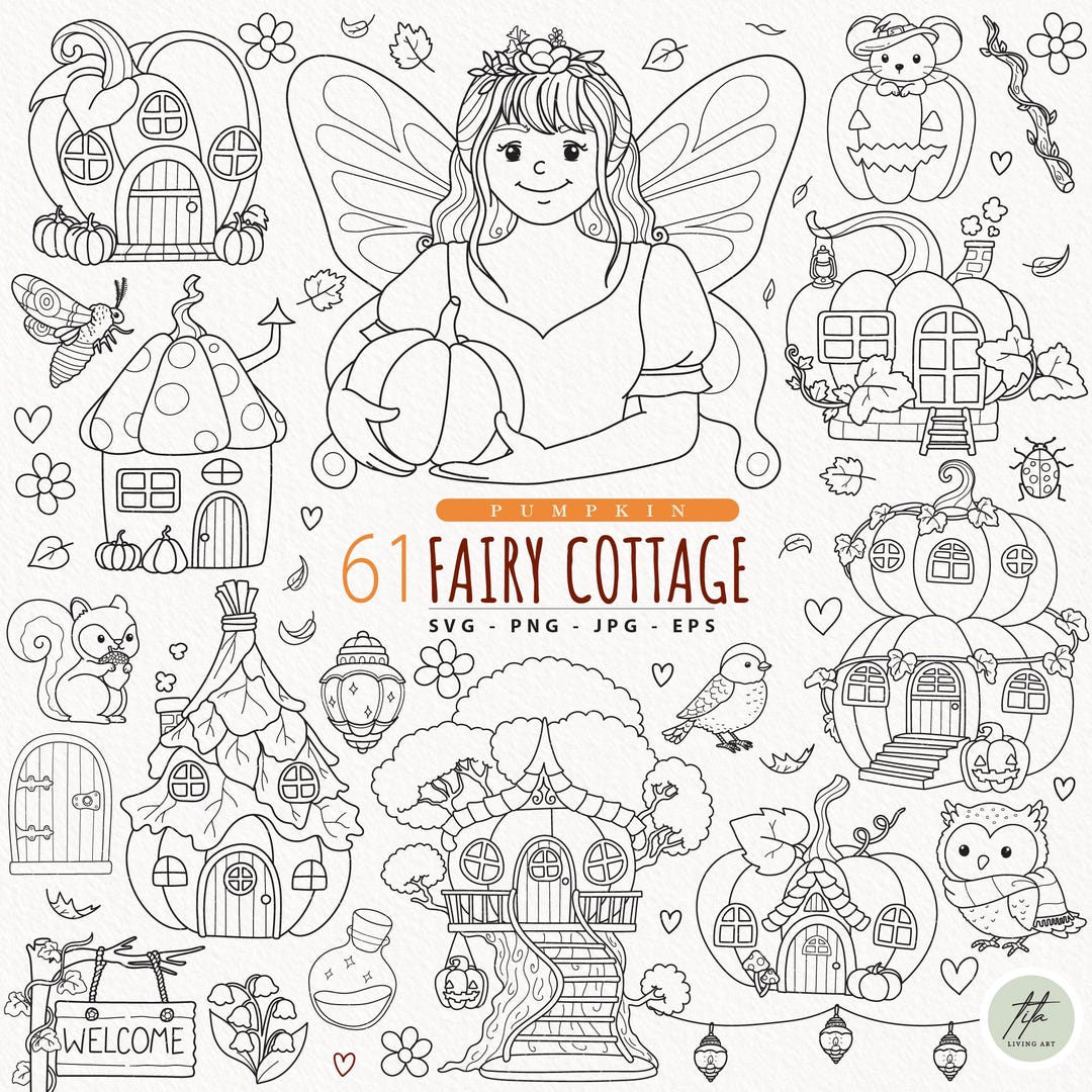Pumpkin Fairy Cottage Outline SVG | Fall Autumn SVG Bundle | Whimsical ...
