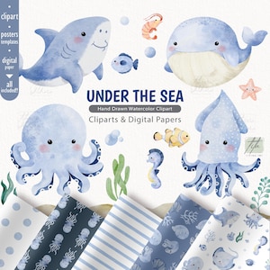 Watercolor Undersea Clipart, Nursery Prints Boys, Nursery decor, octopus, whale, seahorse, jellyfish, dolphin, turtle, crab, shark, squid