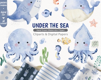 Watercolor Undersea Clipart, Nautical Nursery Art (Digital Download)