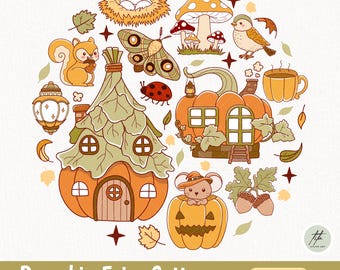 Pumpkin Fairy Cottage Clipart: Whimsical Fall House, Forest Animals (PNG Digital Download)