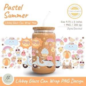 Pastel Summer 16oz Libbey Glass Can Wrap PNG, Groovy Summer Glass Wrap, Iced Coffee Cup Wrap, Scooter Lover Glass Wrap, Summer Vacation Wrap